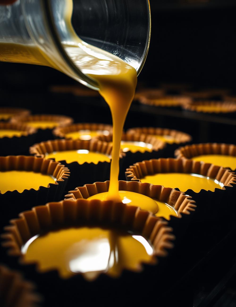 Golden egg custard being poured into pastry shells