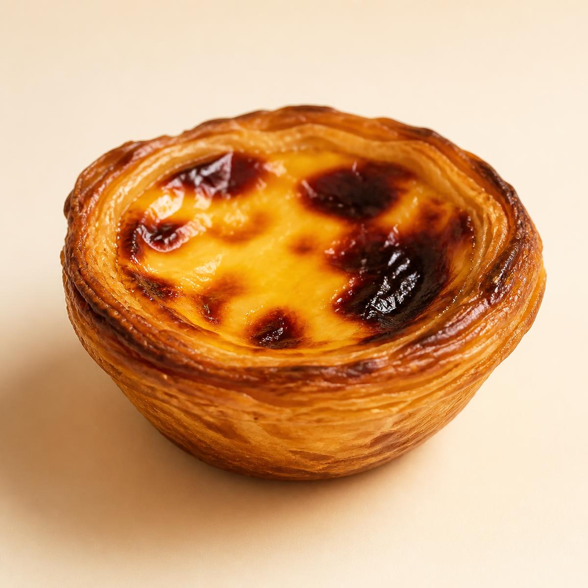 A golden pastel de nata with a dark caramelised blistered top