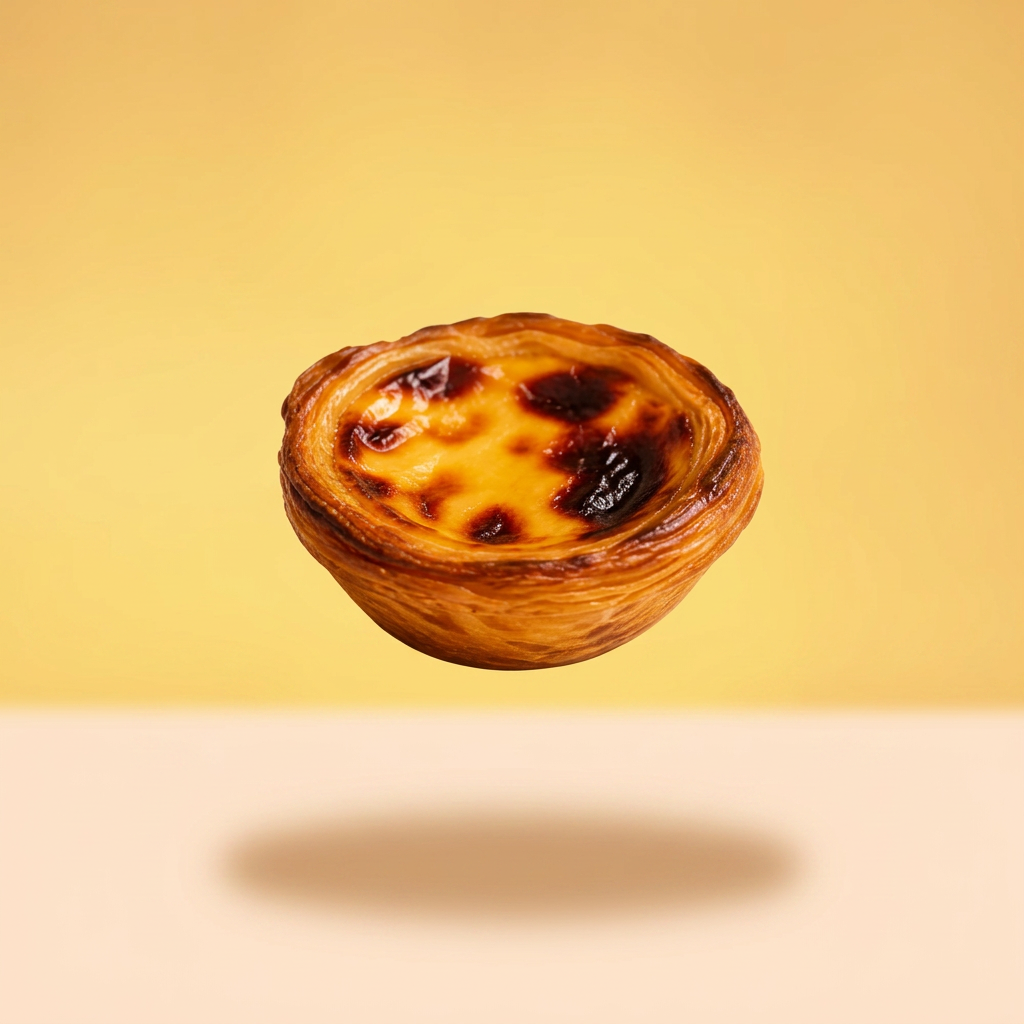 A pastel de nata floating at an angle