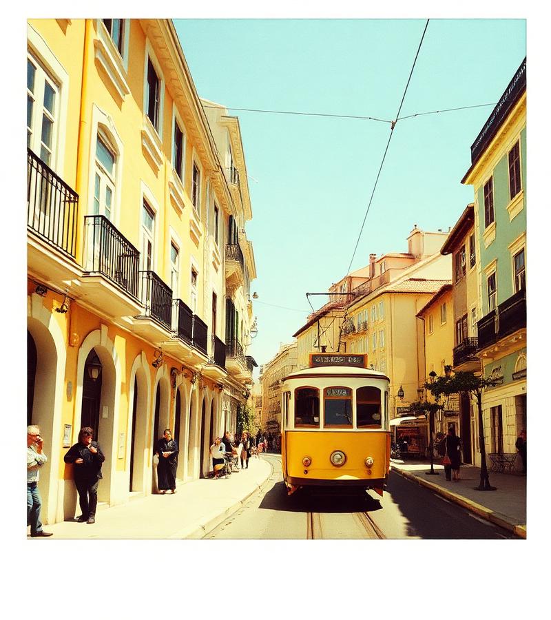 Polaroid of a yellow tram on a sunlit Lisbon street